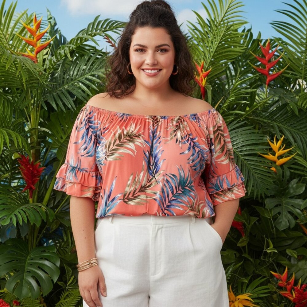 Glitzy Girlz Coral Tropical Print Ruffle Sleeve Blouse – Size 5X